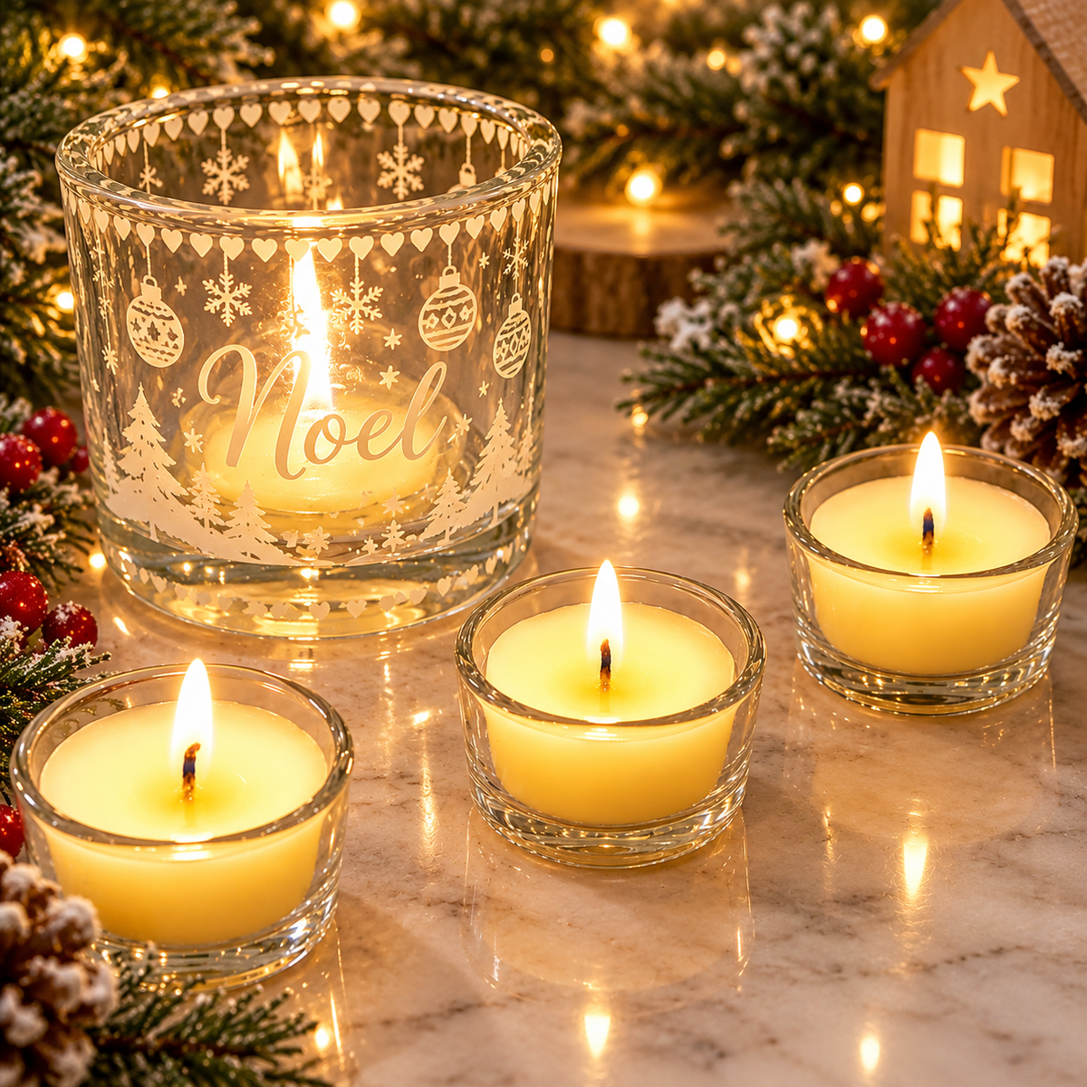 Bliss Delights candle display featuring three glowing soy tealights in clear glass holders and a larger glass candle holder decorated with Christmas trees, snowflakes and the word “Noel”.