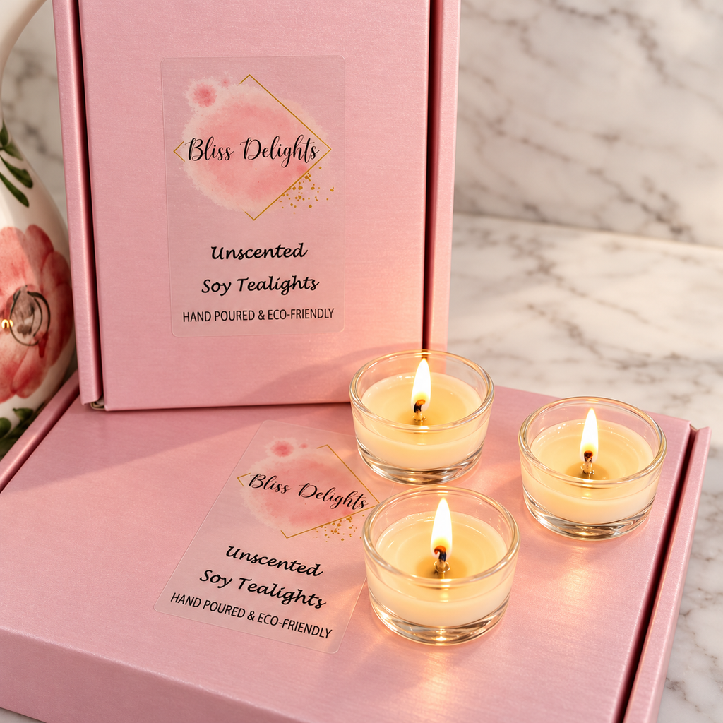 Bliss Delights unscented soy tealights in clear glass holders displayed on a pink gift box with transparent labels, styled on a light marble surface.