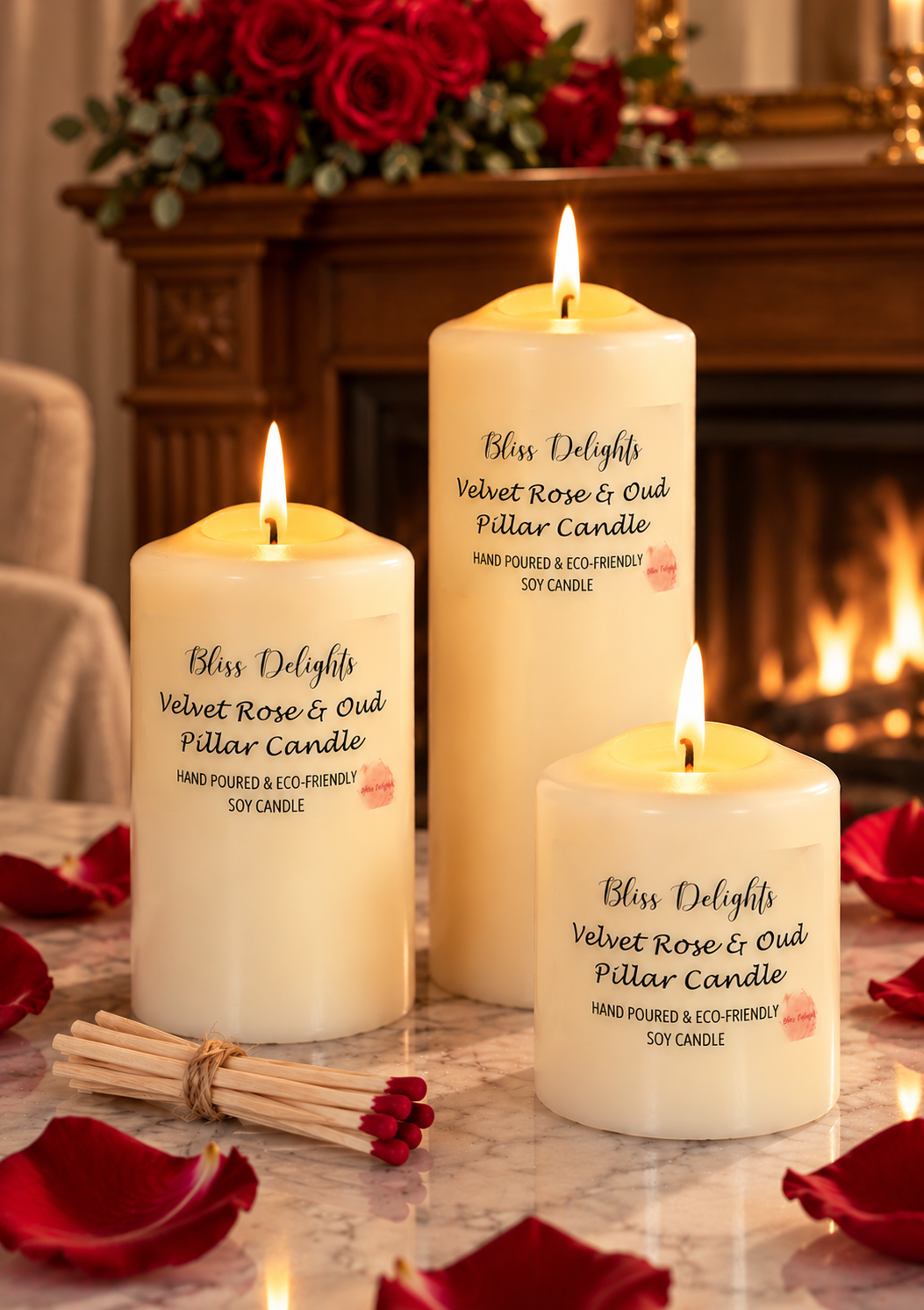 Bliss Delights Set of 3 lit Velvet Rose & Oud Soy Pillar Candles displayed on a marble tabletop with red rose petals, wooden matches and a wooden fireplace with a bouquet of red roses on the mantelpiece.