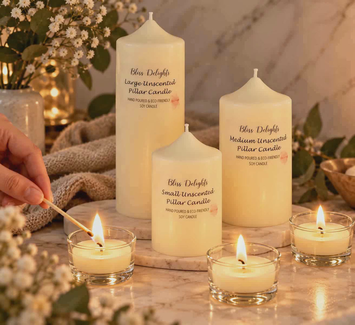 Bliss Delights Soy Pillar Set of 3 with Soy Tealights in Glass Holders