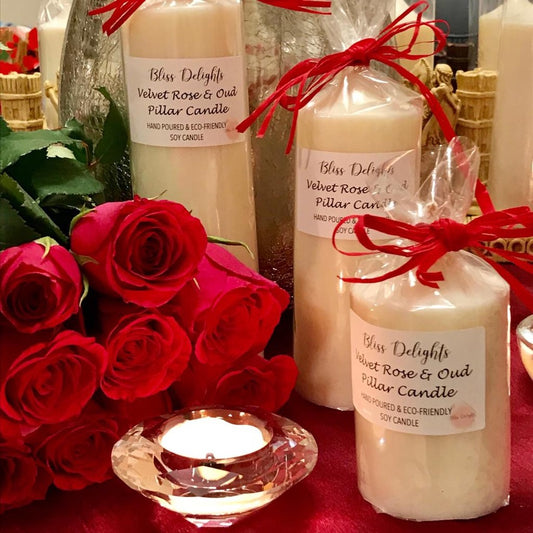 Bliss Delights Velvet Rose & Oud Soy Pillar Candles | Plastic Free