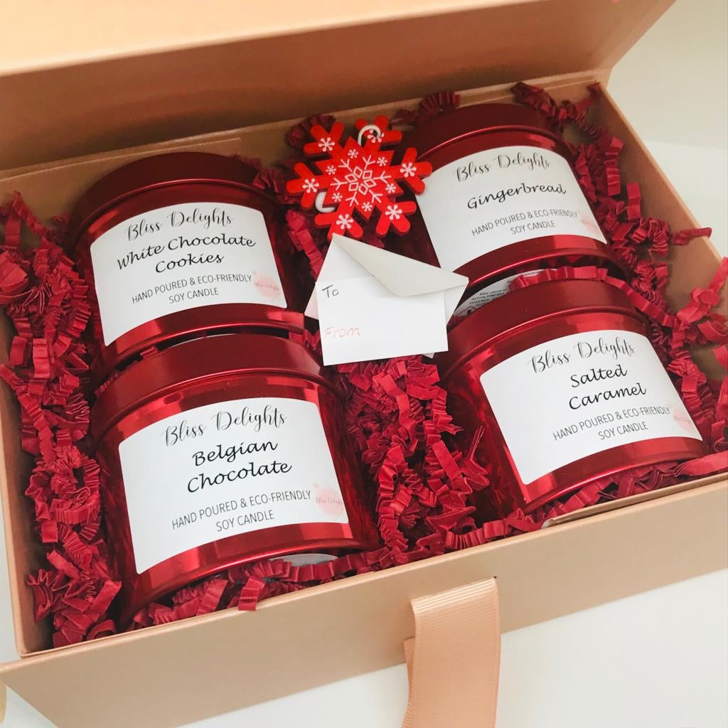 Bliss Delights 4 Scented Candle Christmas Gift Set - Red | Eco & Vegan