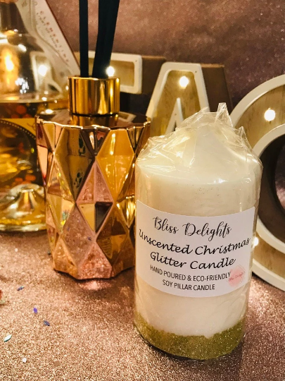 Bliss Delights Soy Wax Gold Unscented Christmas Glitter Candles