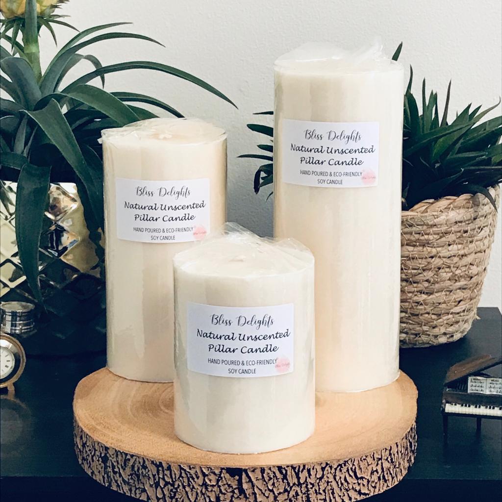 Bliss Delights Natural Unscented Soy Pillar Candles | Eco Vegan Candle
