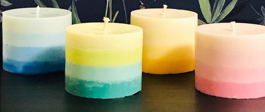 Bliss Delights Vegan Soy Pillar Candles - Marine, Blue Rainforest, Sunburst & Pink Quartz